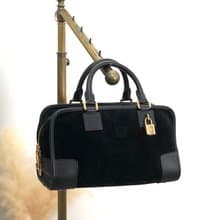 【 日本直送　名牌中古包 】LOEWE ロエベ アマソナ28 ハンドバッグ ブラック モノグラム スエード ミニボストン vintage オールド skijmf