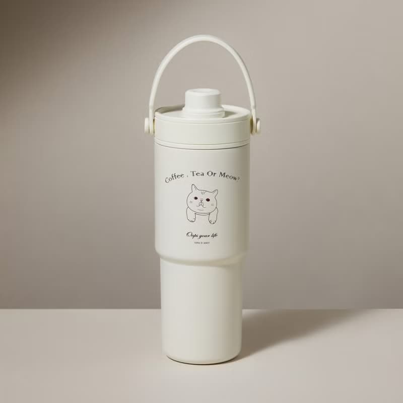胖虎貓咪珍珠奶茶吸管手提保溫杯 316不鏽鋼陶瓷內膽735ml