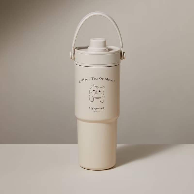 胖虎貓咪珍珠奶茶吸管手提保溫杯 316不鏽鋼陶瓷內膽735ml