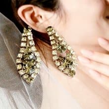 vintage jewelry 氣質佳人垂墜茶色萊茵鑽 夾式耳環