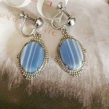 vintage jewelry  典雅銀色底垂墜流紋石 夾式耳環