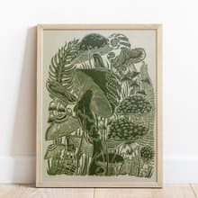 Linocut print Botanical green vintage mushrooms 12x16 Printmaking wall art decor