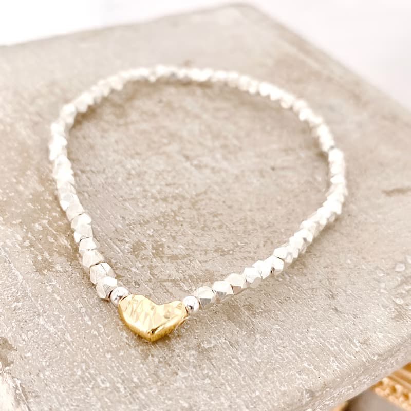 純銀 金愛心 S925  銀珠手鍊