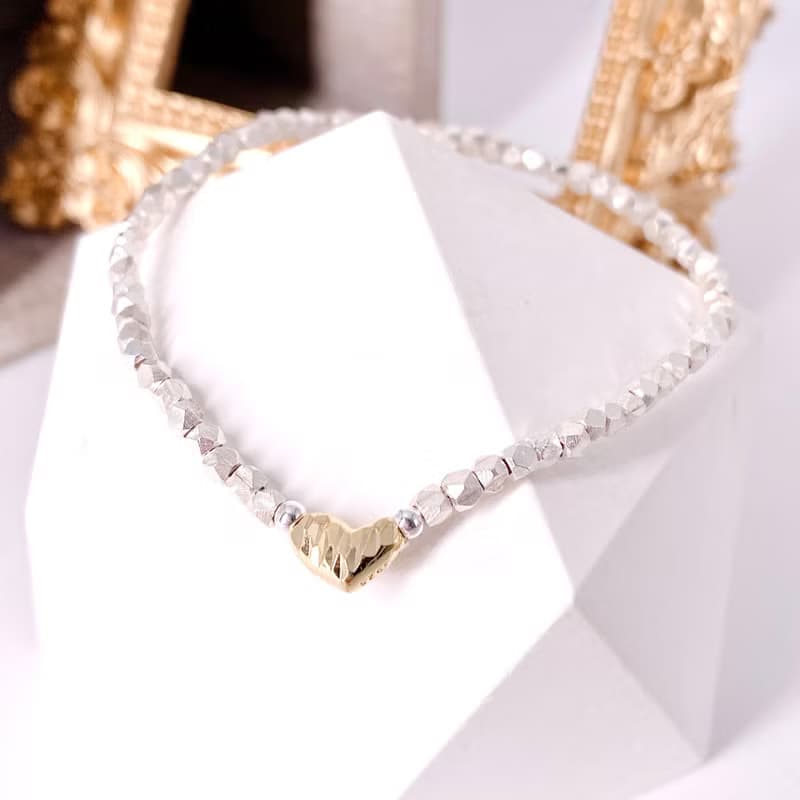 純銀 金愛心 S925  銀珠手鍊