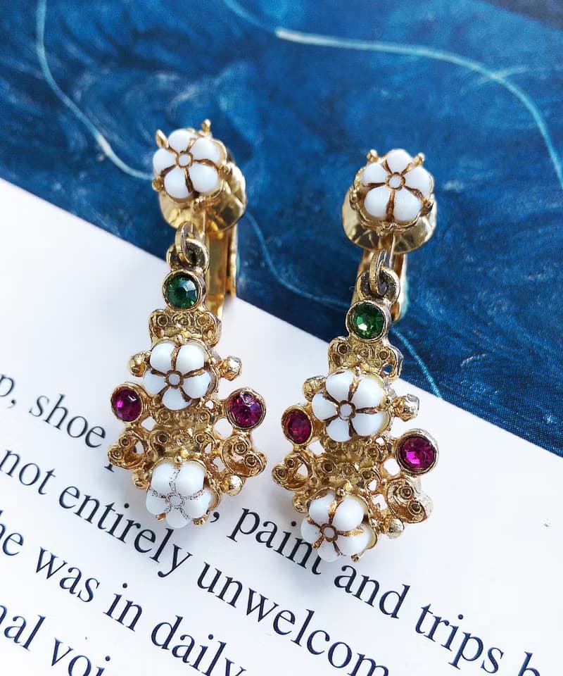 Vintage Jewelry 西洋古董飾品 FLORENZA 浪漫繁星花朵 夾式耳環
