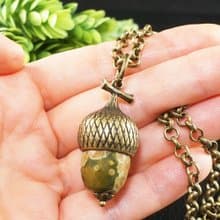 Olive Green Beige Jasper Acorn Forest Nature Woodland Pendant Necklace Jewelry