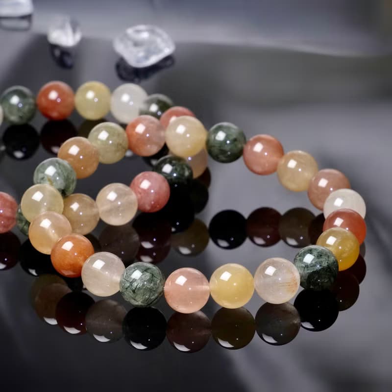 9.5mm彩兔毛水晶手鍊 彩髮晶 如意吉祥 健康水晶