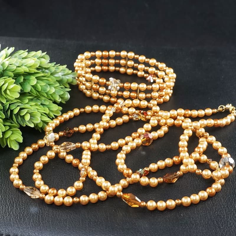 Swarovski Crystal Golden Pearl Long Necklace and Bracelet Unique Jewelry Set