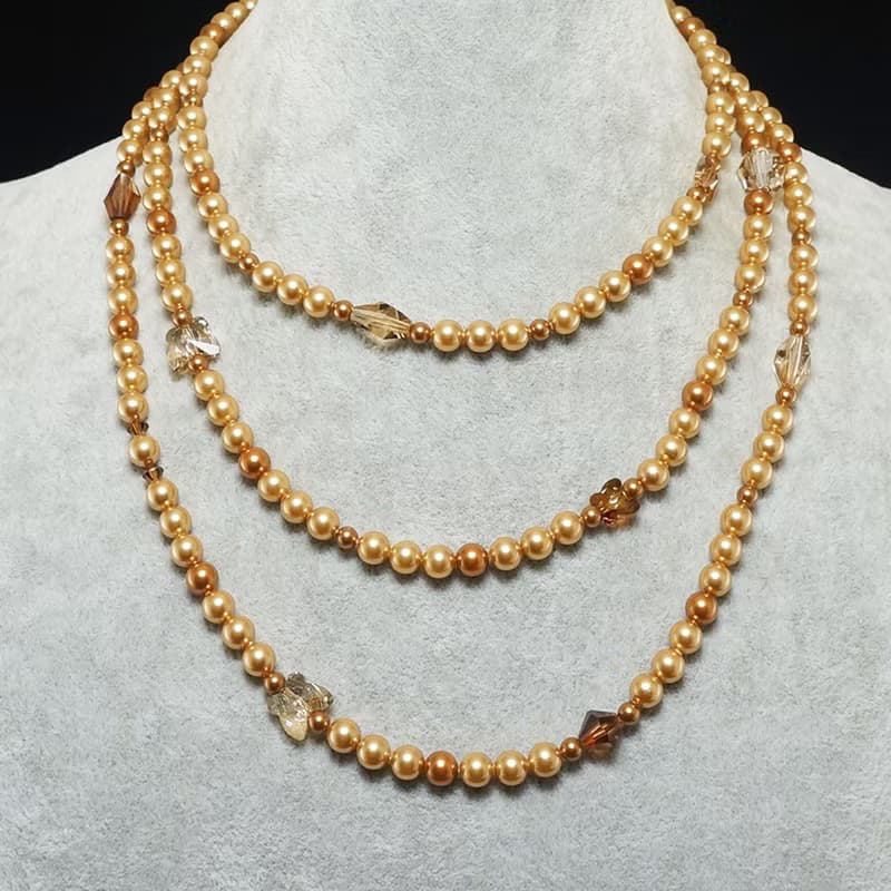 Swarovski Crystal Golden Pearl Long Necklace and Bracelet Unique Jewelry Set