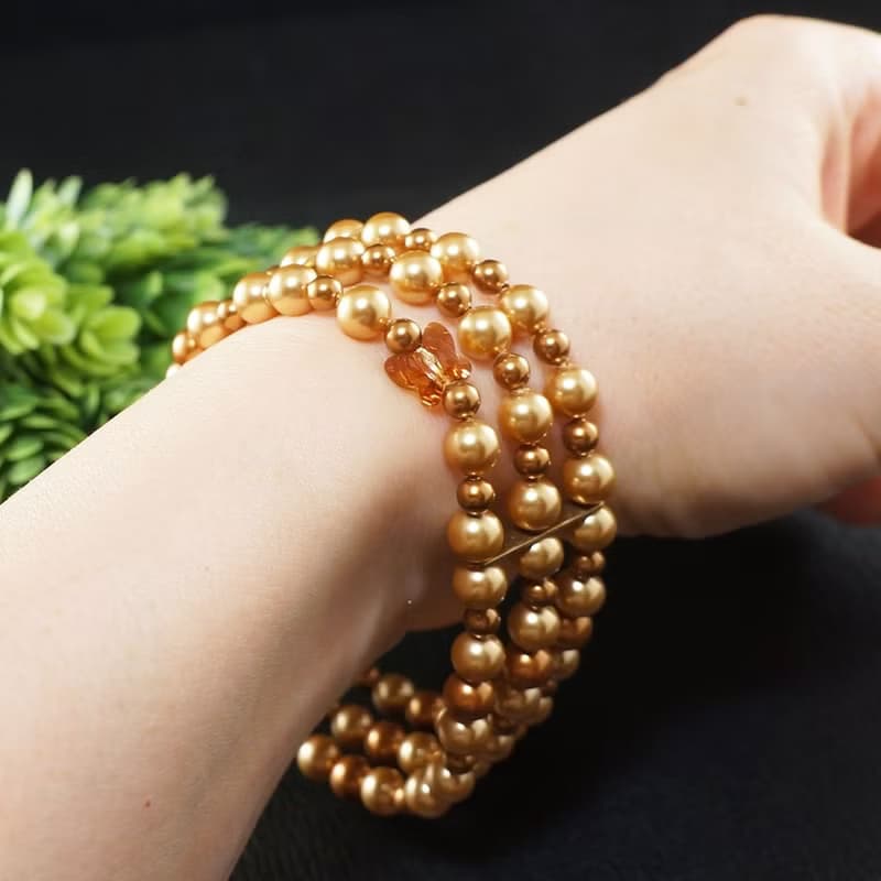 Swarovski Crystal Golden Pearl Long Necklace and Bracelet Unique Jewelry Set