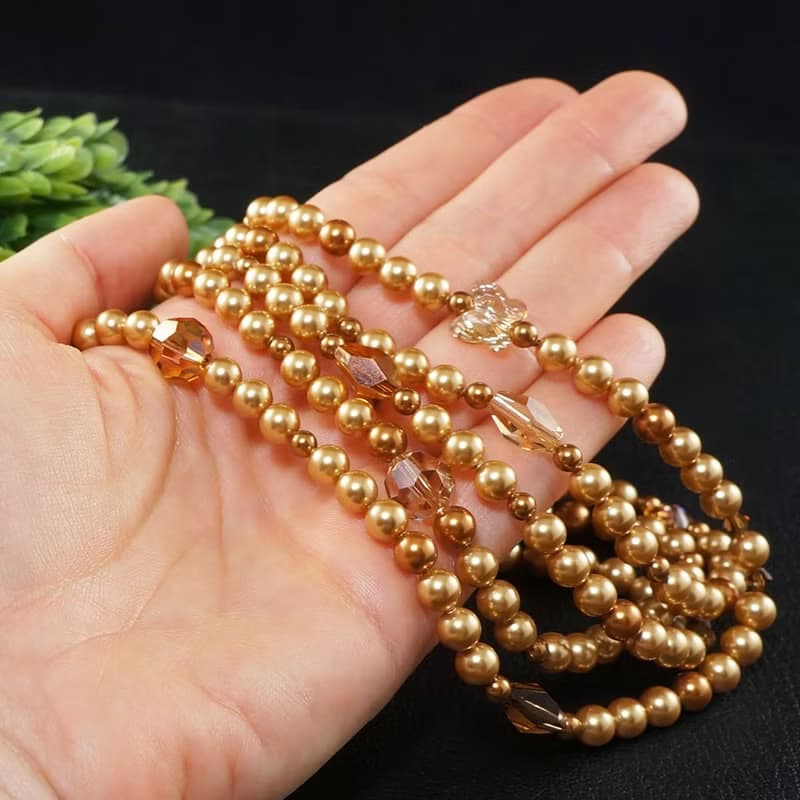 Swarovski Crystal Golden Pearl Long Necklace and Bracelet Unique Jewelry Set