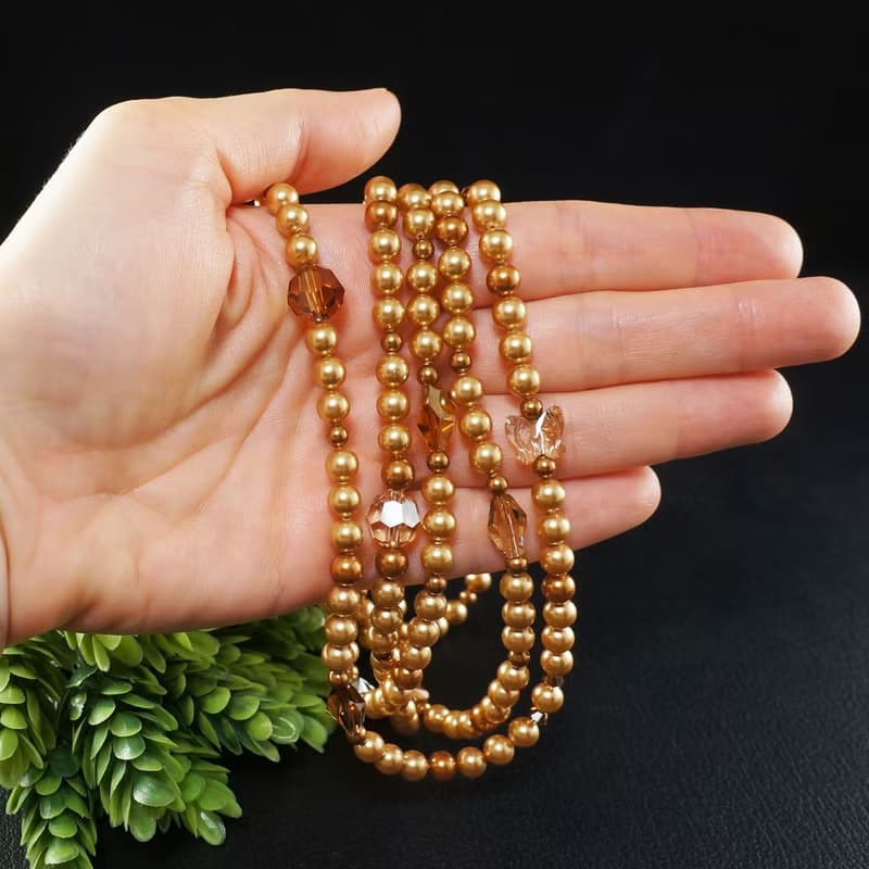 Swarovski Crystal Golden Pearl Long Necklace and Bracelet Unique Jewelry Set