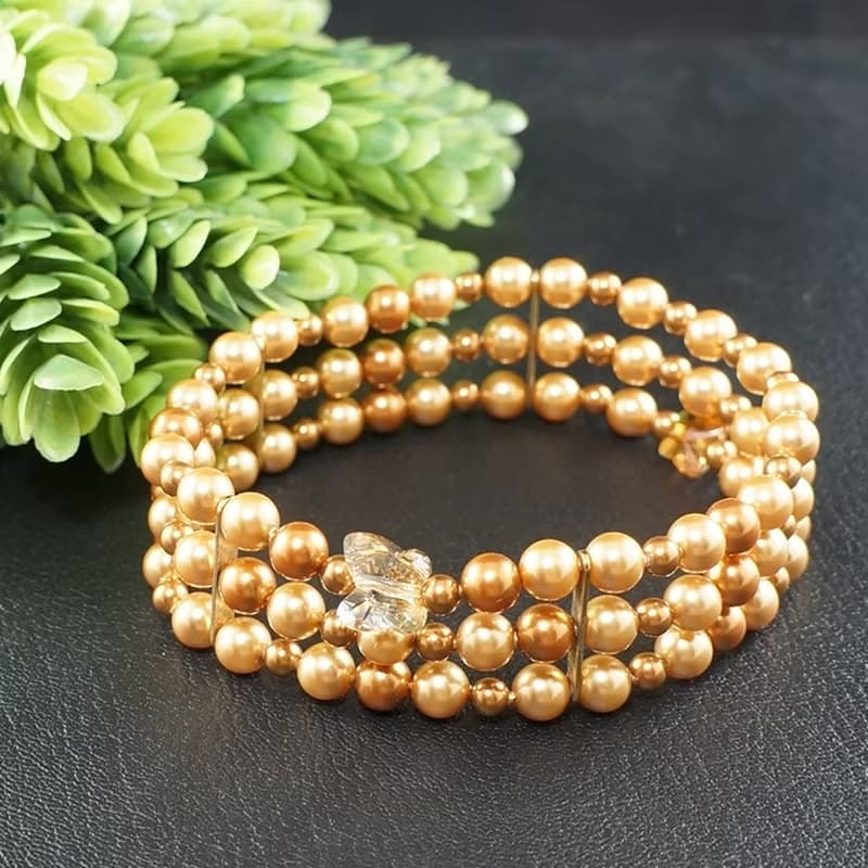 Swarovski Crystal Golden Pearl Long Necklace and Bracelet Unique Jewelry Set