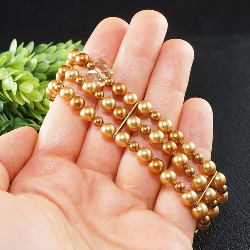 Swarovski Crystal Golden Pearl Long Necklace and Bracelet Unique Jewelry Set