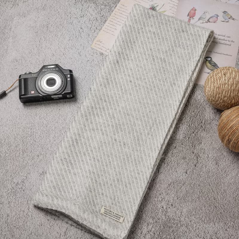 【窄版】喀什米爾羊毛圍巾 全斜紋無染淺灰 脖圍 手工機織