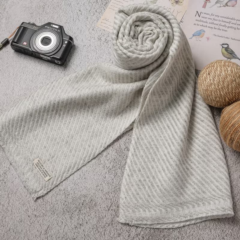 【窄版】喀什米爾羊毛圍巾 全斜紋無染淺灰 脖圍 手工機織