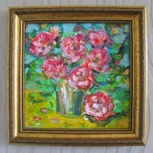 Pink Roses Bouquet Impasto Oil Painting Small Size Canvas