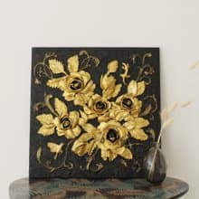 Roses on black original textured painting, rustic wall decor, sculptural art