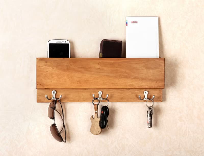 Wall Wooden Mail Holder shelf with hooks for organizing Key Mail Organizer Entry