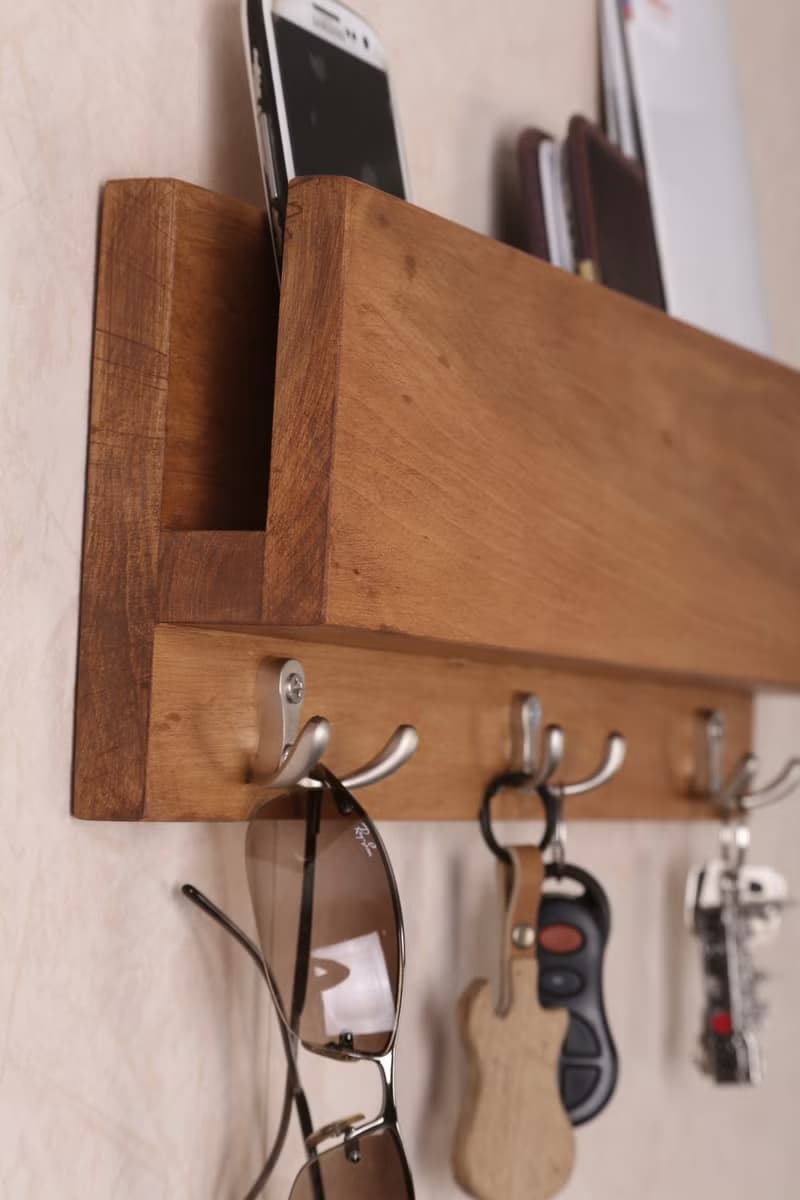 Wall Wooden Mail Holder shelf with hooks for organizing Key Mail Organizer Entry