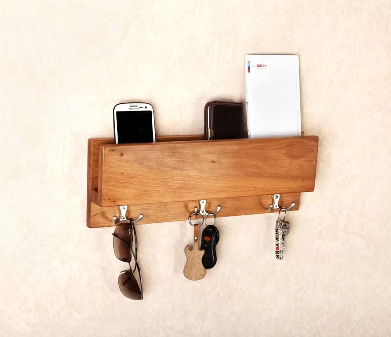 Wall Wooden Mail Holder shelf with hooks for organizing Key Mail Organizer Entry