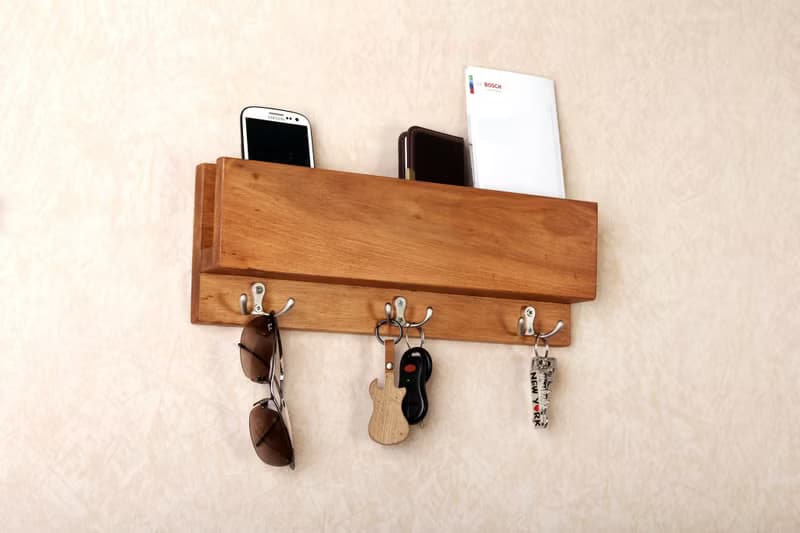 Wall Wooden Mail Holder shelf with hooks for organizing Key Mail Organizer Entry