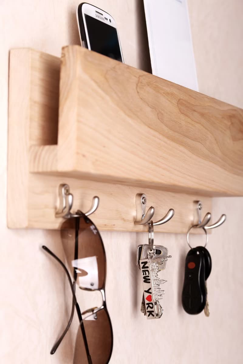Wall Wooden Mail Holder shelf with hooks for organizing Key Mail Organizer Entry