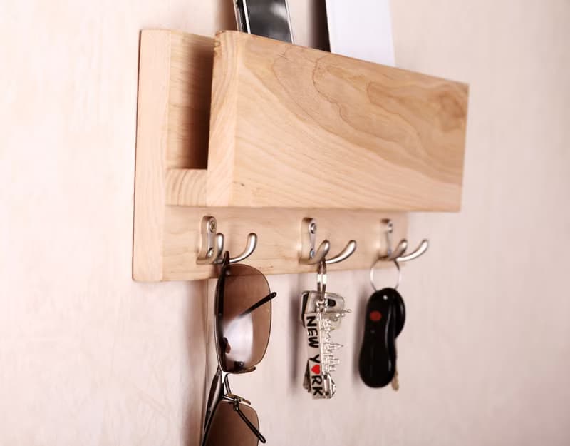 Wall Wooden Mail Holder shelf with hooks for organizing Key Mail Organizer Entry