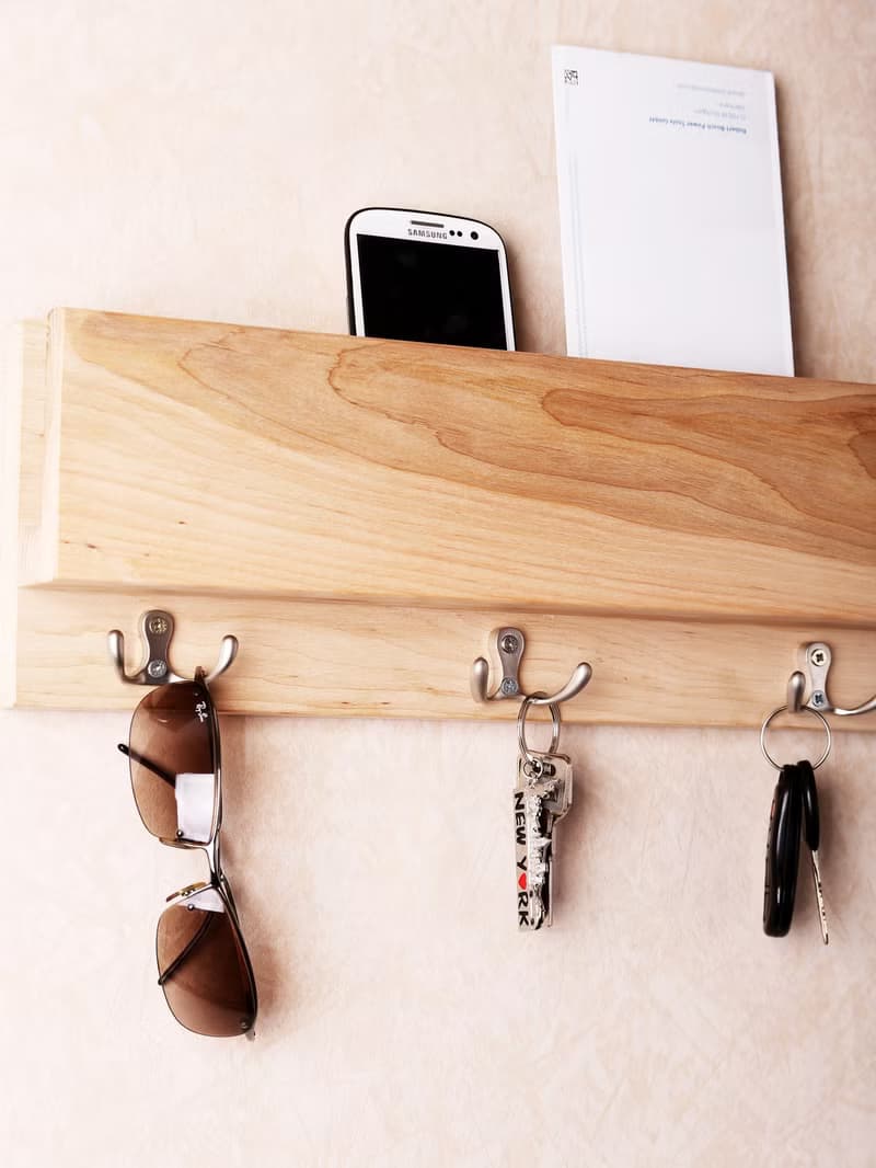 Wall Wooden Mail Holder shelf with hooks for organizing Key Mail Organizer Entry