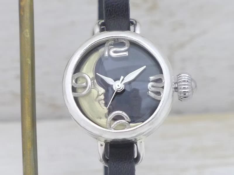 手作り腕時計 CrescentMoon4-LS  20mmSilver月黒文字盤 ブレスレット風 手作り時計 (365SV-CM4)