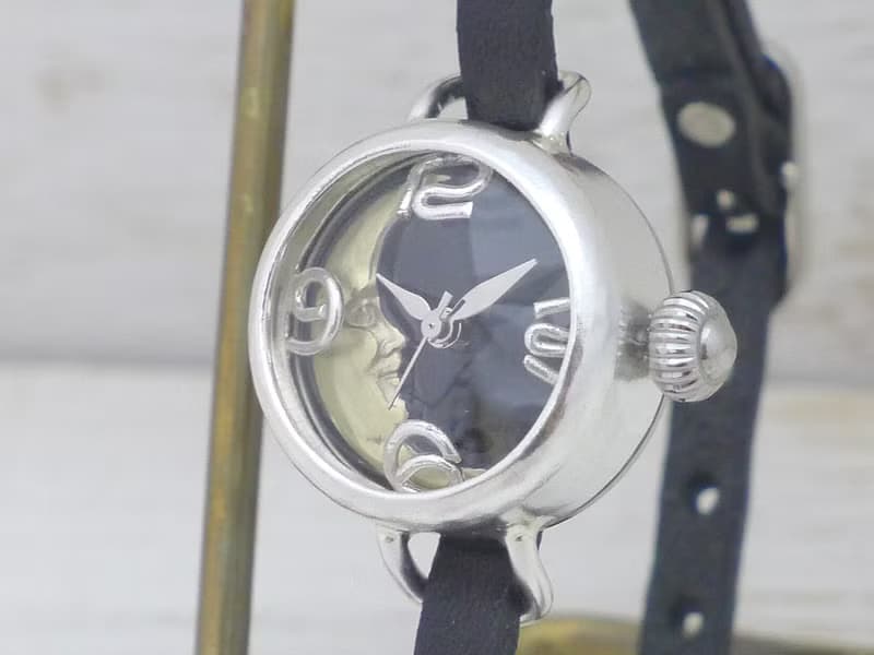 手作り腕時計 CrescentMoon4-LS  20mmSilver月黒文字盤 ブレスレット風 手作り時計 (365SV-CM4)