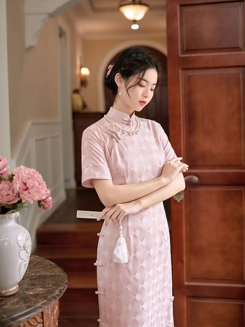粉紅色 少艾 仿真絲菱形格開襟緞面旗袍 復古改良新中式國風洋裝