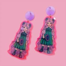 粉紅色少女插畫圖案亞克力耳環