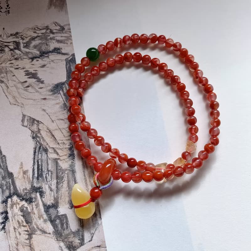觀塵間。天然南紅飄花雙圈手串 碧玉蜜蠟葫蘆黃水晶元寶復古手鏈