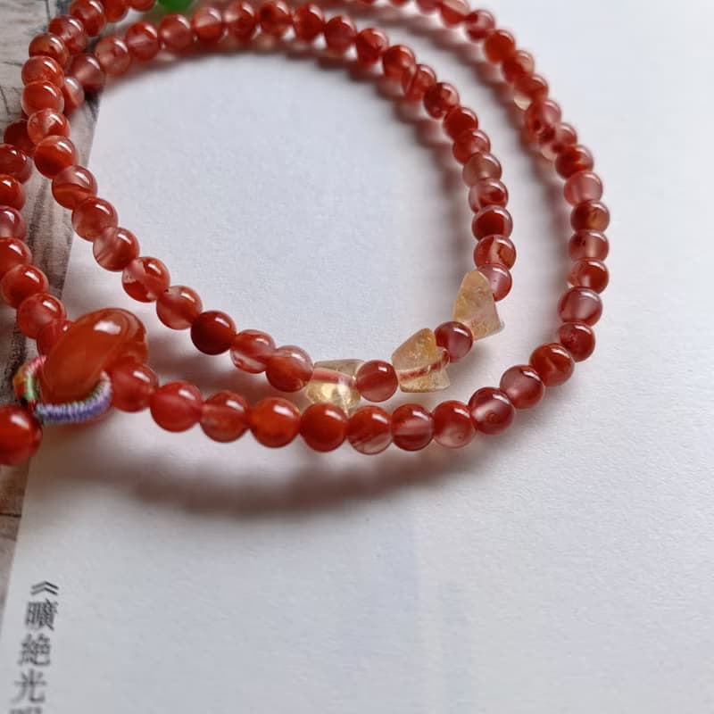 觀塵間。天然南紅飄花雙圈手串 碧玉蜜蠟葫蘆黃水晶元寶復古手鏈