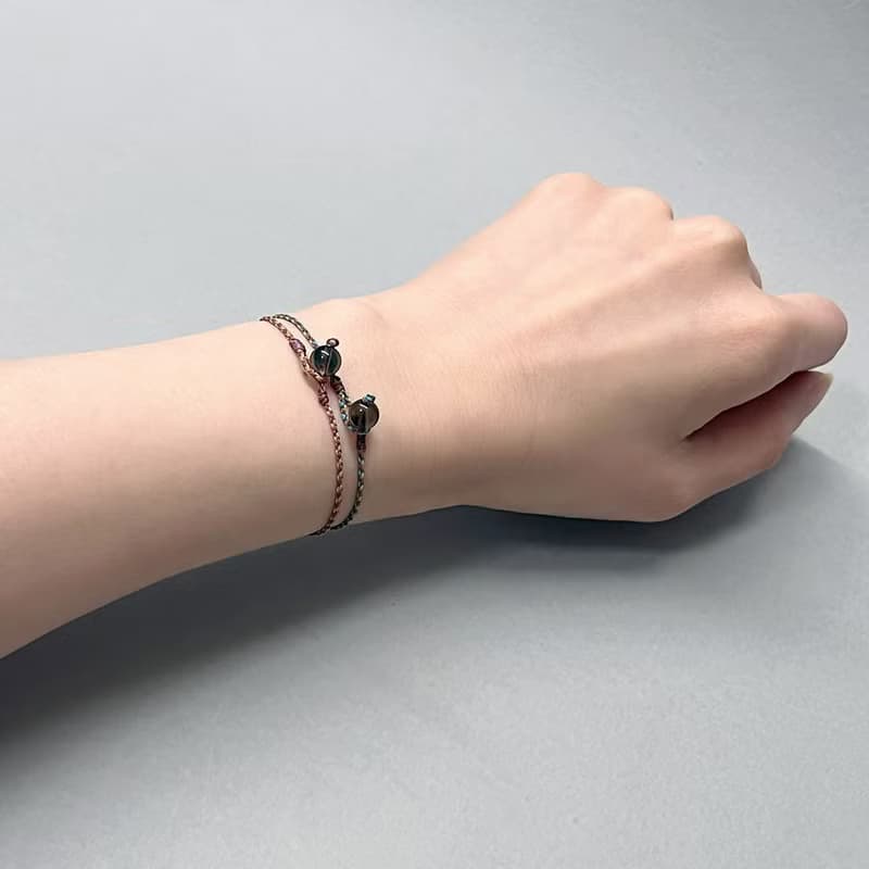 茶晶四股編超細蠟線編織手環(咖+米黃)