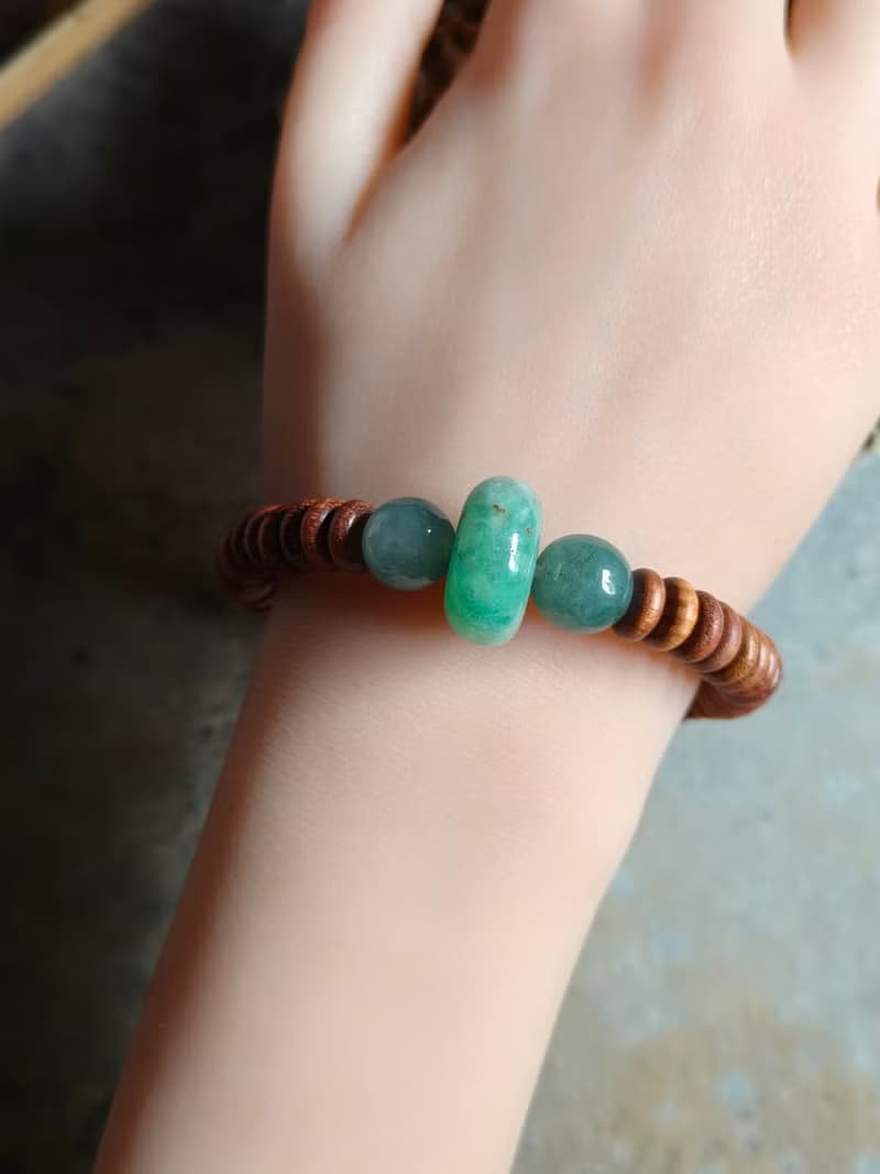 天然緬甸翡翠綠糯冰算盤珠 湖水糯冰圓珠 創作手鍊 花梨木平安扣