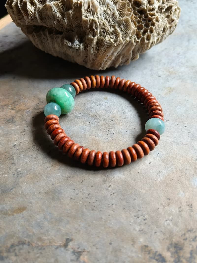 天然緬甸翡翠綠糯冰算盤珠 湖水糯冰圓珠 創作手鍊 花梨木平安扣