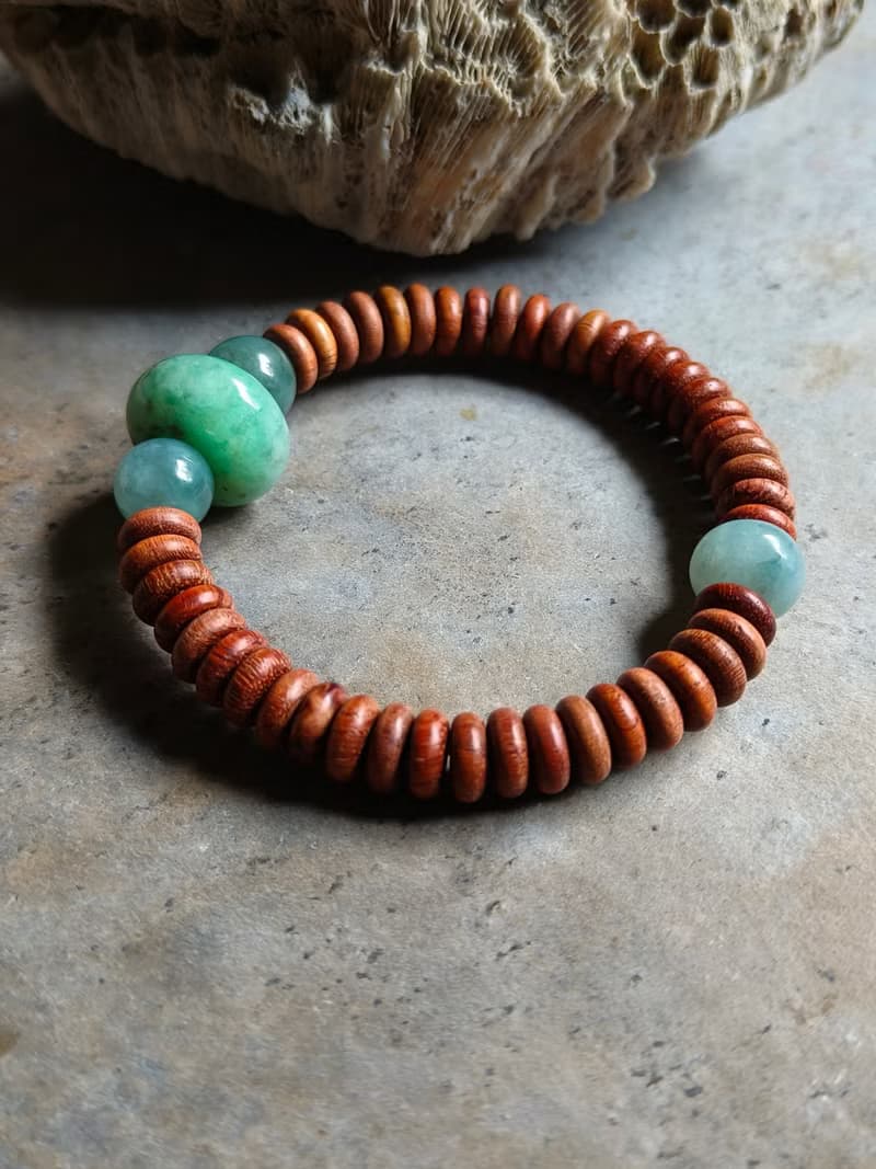 天然緬甸翡翠綠糯冰算盤珠 湖水糯冰圓珠 創作手鍊 花梨木平安扣