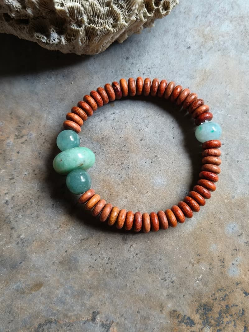 天然緬甸翡翠綠糯冰算盤珠 湖水糯冰圓珠 創作手鍊 花梨木平安扣