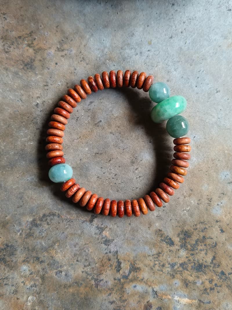 天然緬甸翡翠綠糯冰算盤珠 湖水糯冰圓珠 創作手鍊 花梨木平安扣