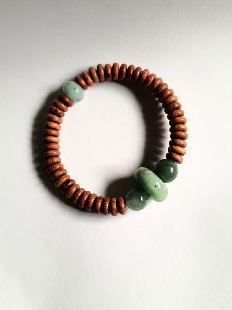 天然緬甸翡翠綠糯冰算盤珠 湖水糯冰圓珠 創作手鍊 花梨木平安扣