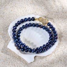 天然深藍色淡水珍珠項鍊 8–9mm 金色豹頭扣 時尚霸氣 情人節禮物