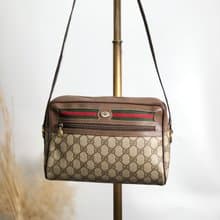 【 日本直送　名牌中古包 】GUCCI グッチ シェリーライン ショルダーバッグ ブラウン PVC レザー vintage ヴィンテージ オールド e8mxvn