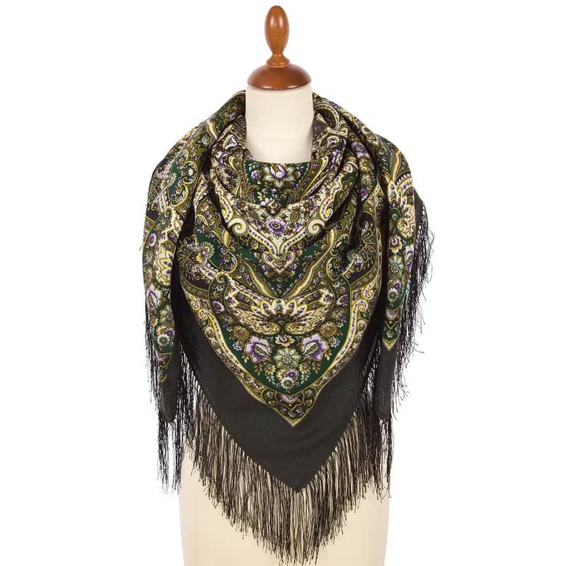 Pavlovo Posad Russian Shawl 100% Wool Scarf 125x125 cm Wrap Silk Fringe 1918-10