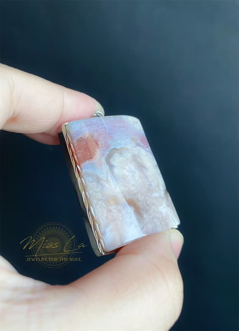 櫻花瑪瑙 騷粉帶紫滿大花 天然石 S925銀鑲 禮物 項鍊 吊墜