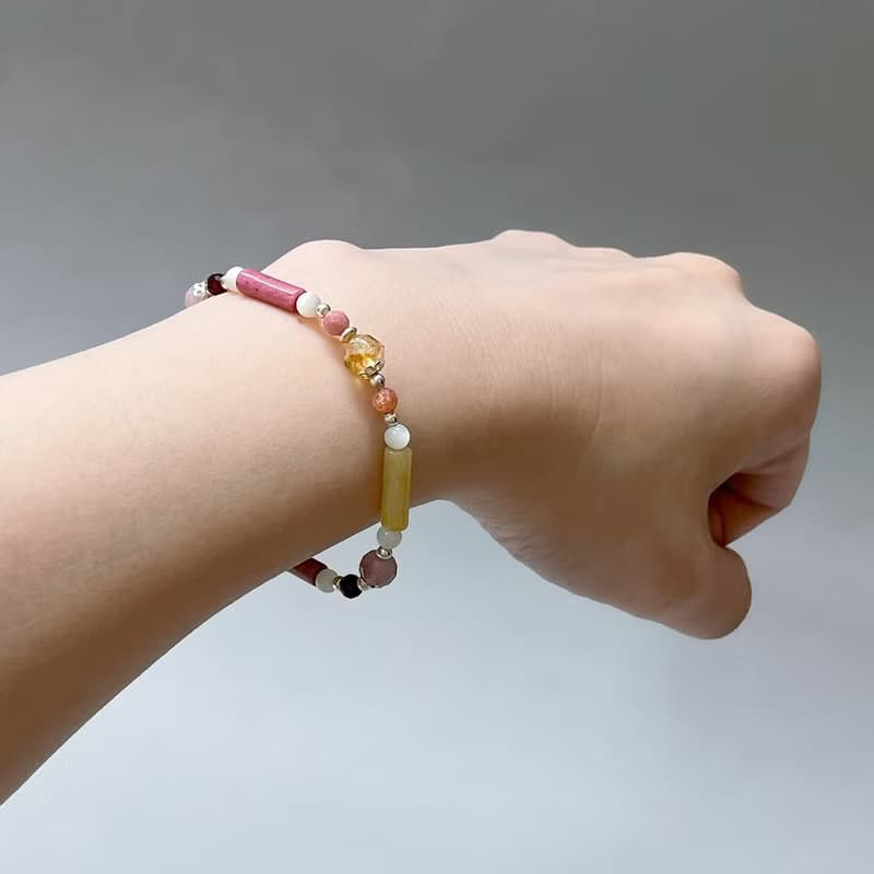 黃水晶粉晶玫瑰石925純銀手鍊