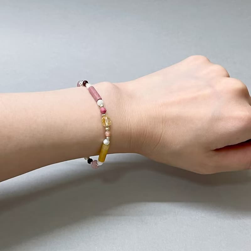 黃水晶粉晶玫瑰石925純銀手鍊