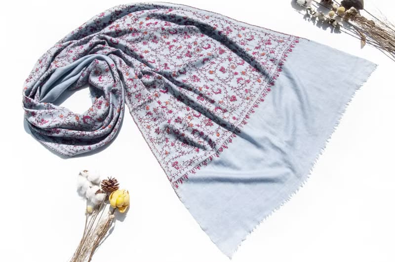 喀什米爾Cashmere/羊絨圍巾/純羊毛圍巾披巾/戒指絨披肩-刺繡花朵
