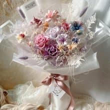 夢幻紫粉三朵永生玫瑰大花束